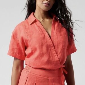 Athleta Linen Playa Wrap Tie Top Size SP Coral Pink V Neck Collared Coastal Beac